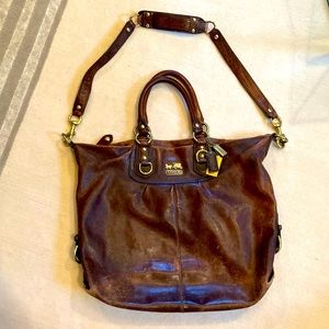 Vintage Distressed Coach Leather Tote in Chocolate Brown